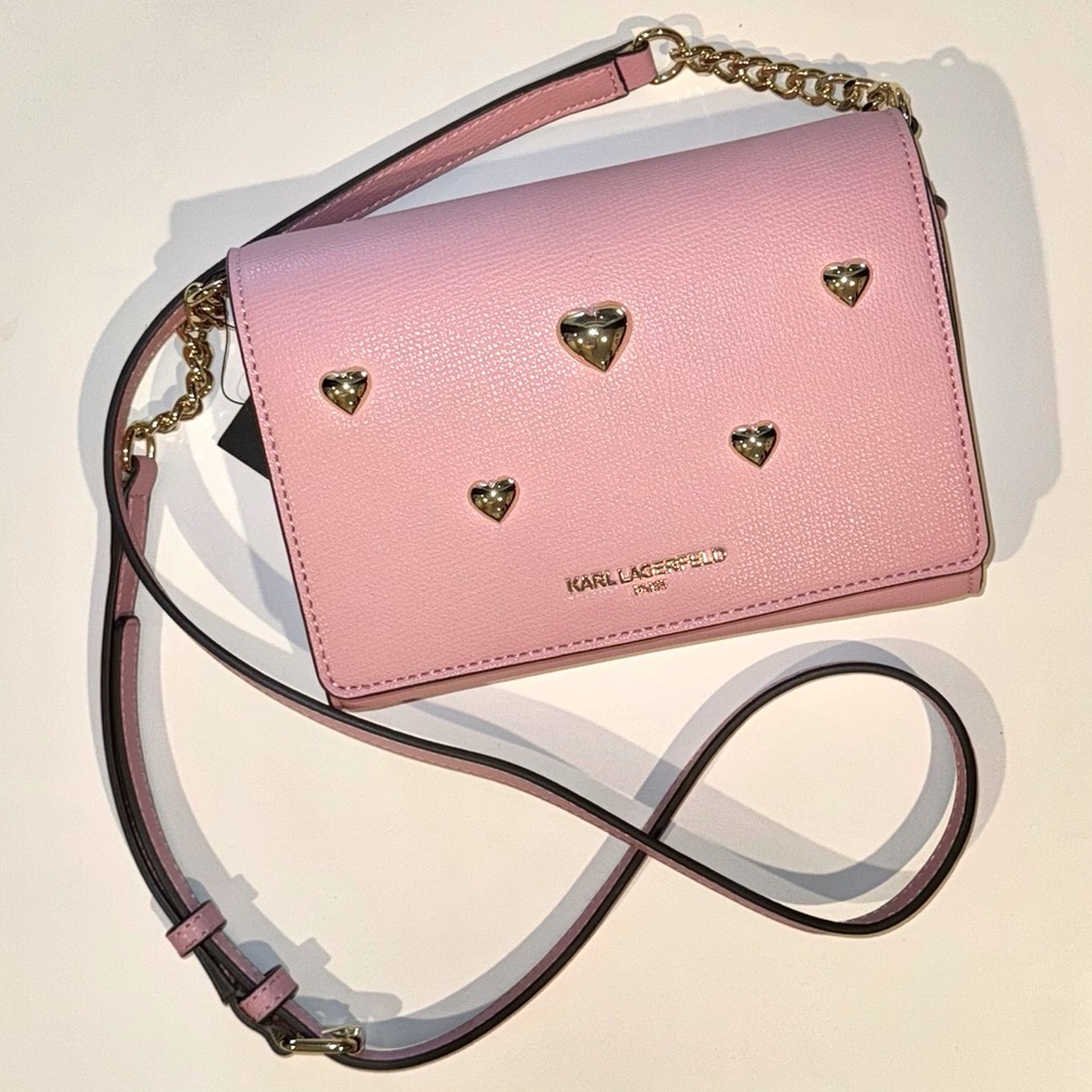NWT Karl Lagerfeld Crossbody Connie Purse with Gold Heart Accents Valentine